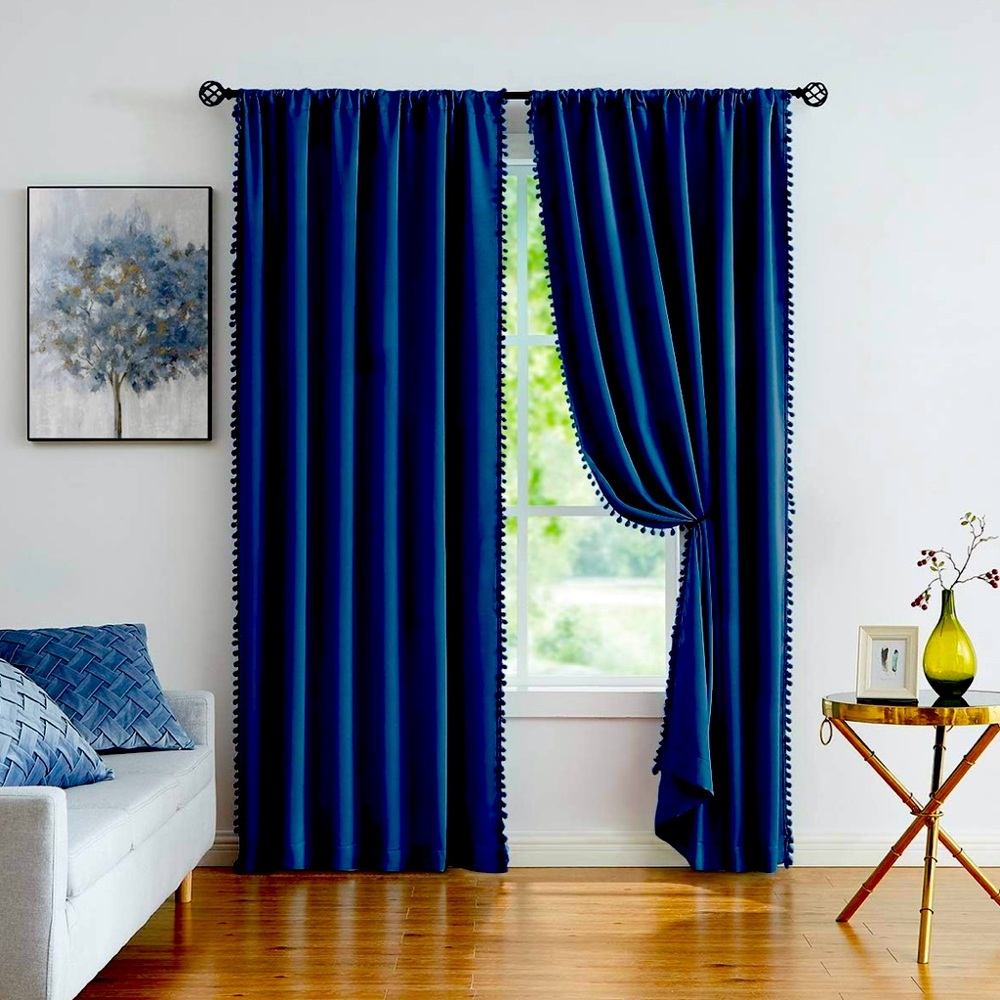 Pom Pom Curtains 84" Navy Royal Blue Blackout Curtains